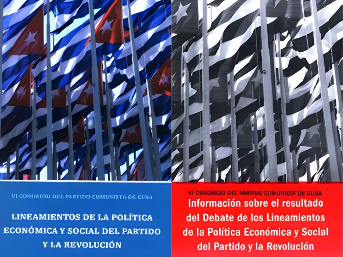 Cubiertas de publicaciones oficiales de los "Lineamientos de la política económica y social del Partido y la Revolución" (Cuba, 2011).