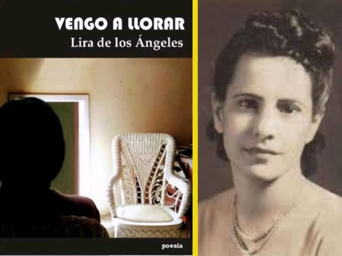 Portada del libro "Vengo a llorar" y retrato de su autora Lira de los Ángeles.