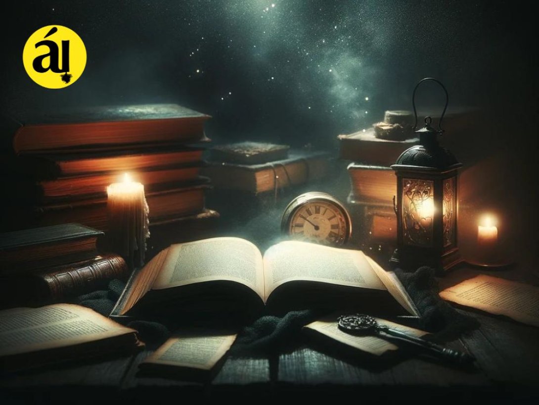 Libro rodeado de luces con velas, faroles y otros libros antiguos.