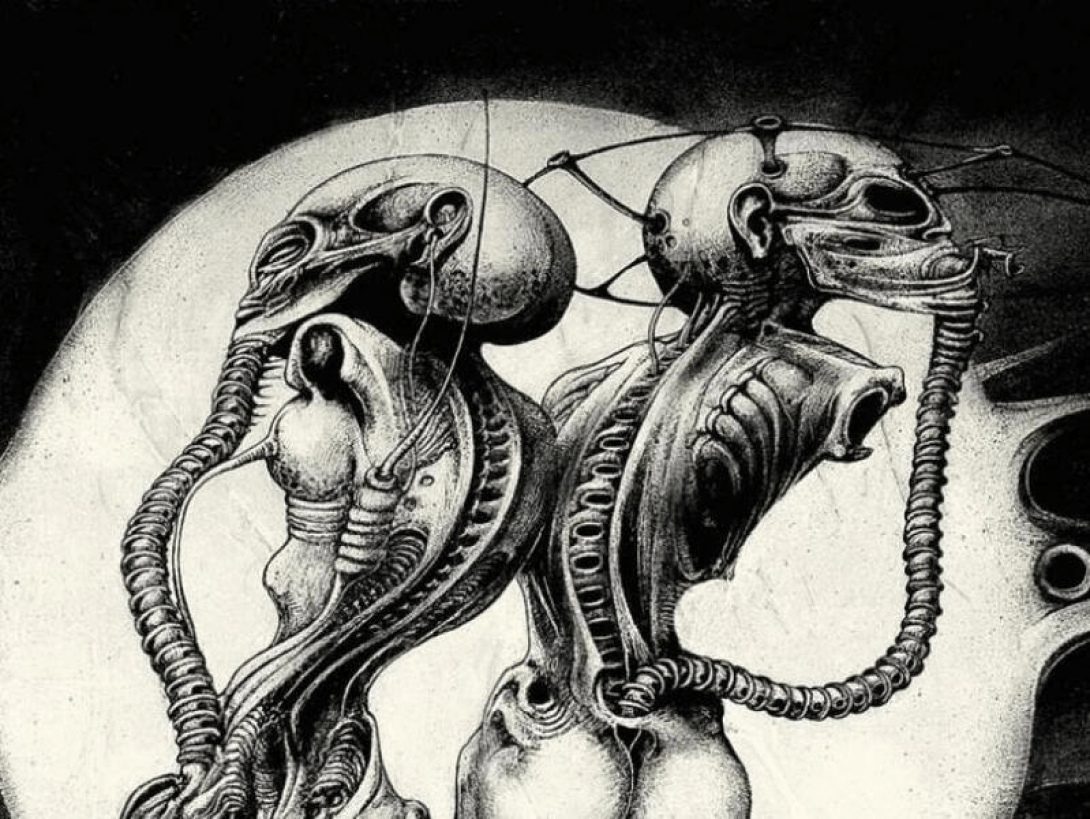 Ilustración sobre Cthulhu muestra a dos criaturas fantásticas, al fono un astro gigantesco.