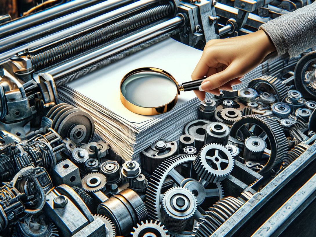 Mano con lupa sobre hojas blancas y maquina de ruedas dentadas