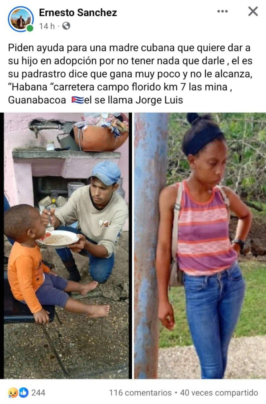 Post de Facebook en el que una madre ofrece a su hijo en adopción