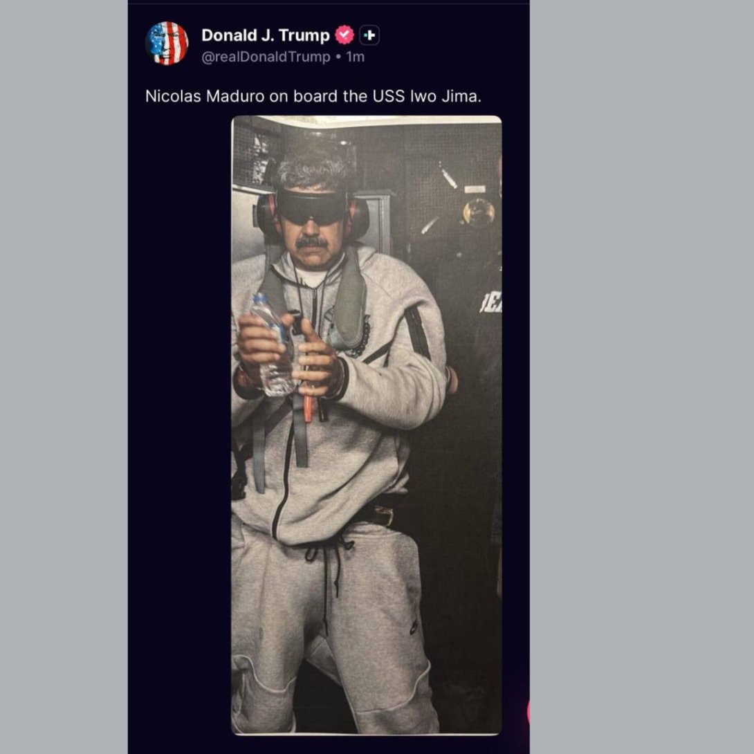 Post de Donald Trump en Truth Social con la primera foto de Nicolás Maduro apresado (3 de enero de 2026).