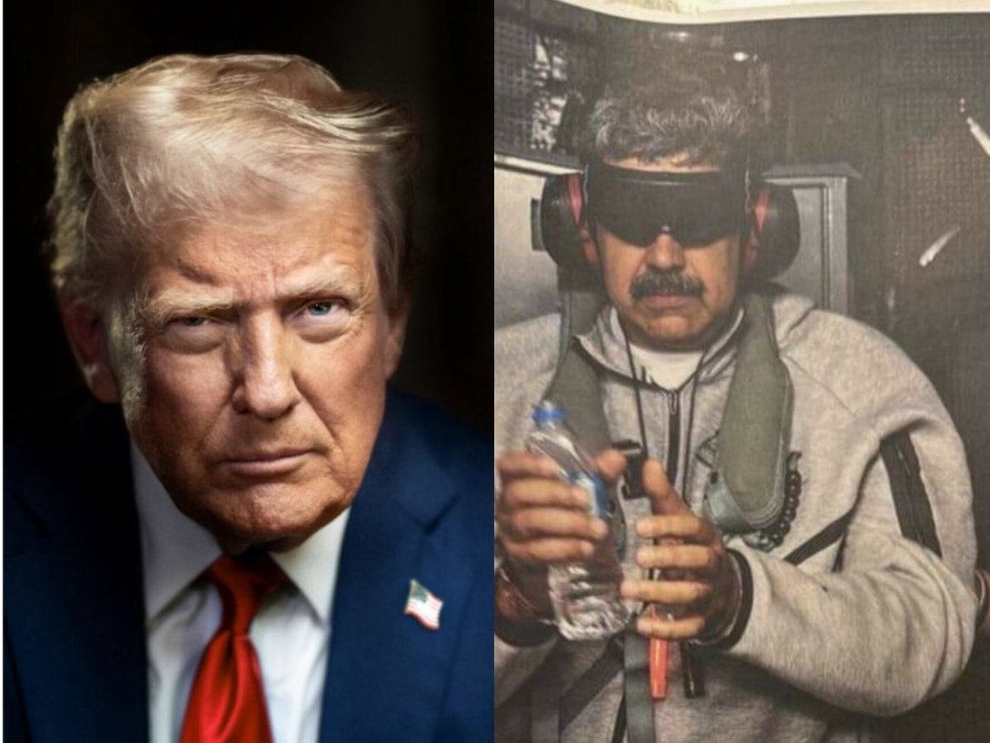 Donald Trump y foto de Nicolás Maduro capturado a bordo del buque USS "Iwo Jima" (2026).