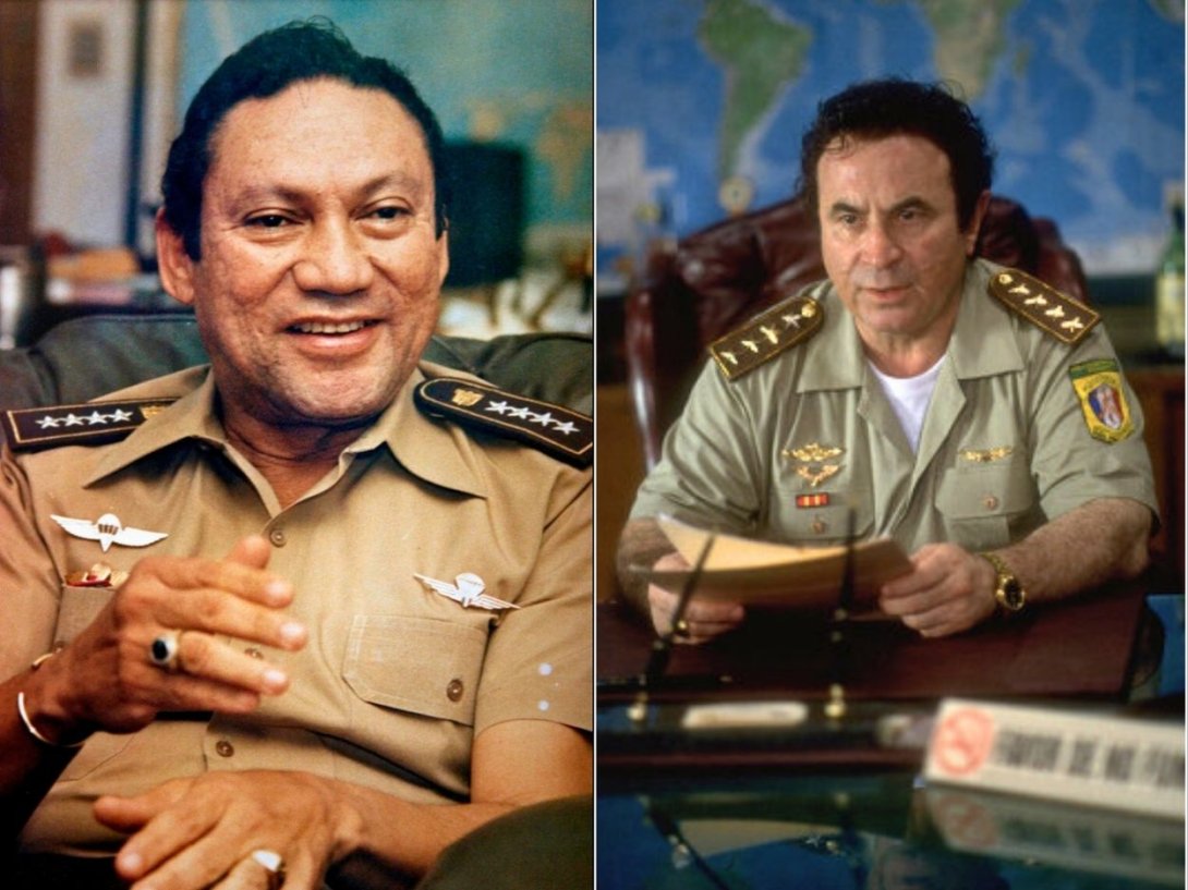 El dictador panameño Manuel Antonio Noriega y el actor británico Bob Hoskins que lo interpreta en la película "Noriega" (2000) dirigida por Roger Spottiswoode.