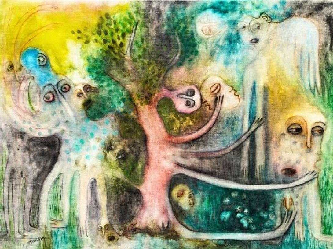 Pintura de Manuel Mendive con figuras humanas y espirituales alrededor de una ceiba, inspirada en la cosmovisión yoruba.
