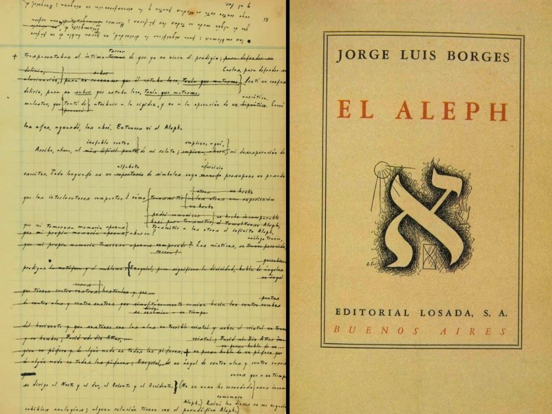 Página del manuscrito original de el cuento "El Aleph" de Jorge Luis Borges y cubierta de la primera edición de la colección de relatos homónima (1949).