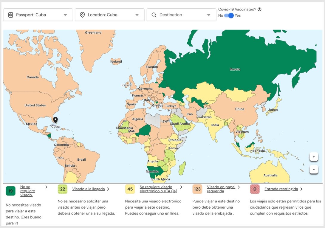 Mapa de requerimientos de viajes para cubanos en 2024