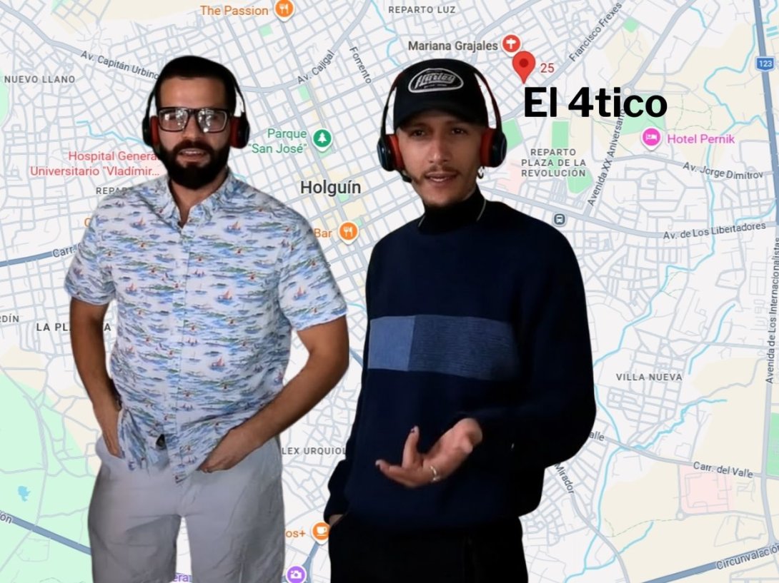 Los influencers cubanos Kamil Zayas y Ernesto Ricardo Medina, creadores del proyecto "El 4tico", y localización de la casa del Reparto Mariana Grajales, Holguín, Cuba.
