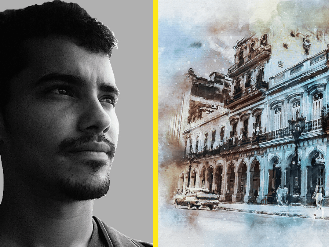 Collage: Retrato de Mario Ramírez e imagen de La Habana, Cuba.