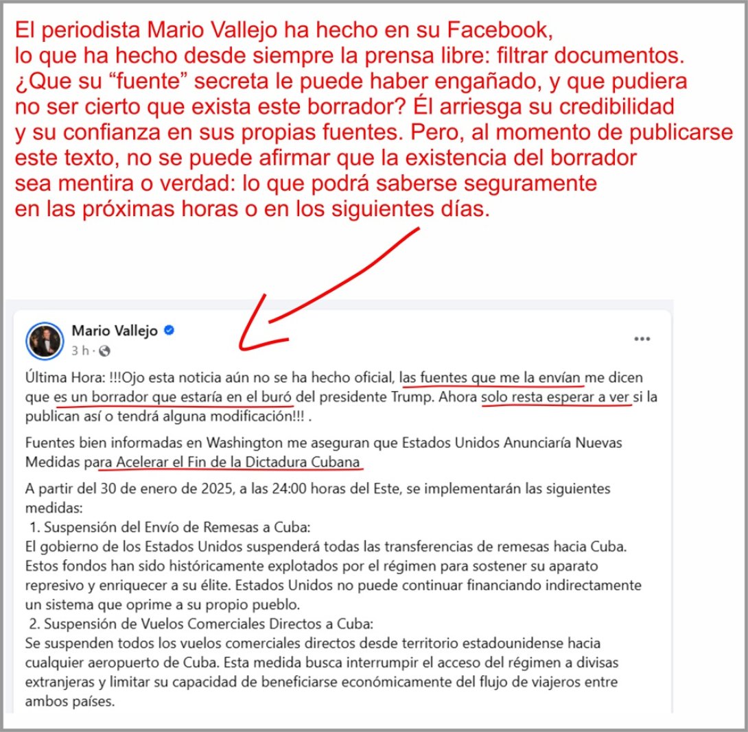 Supuesto borrador filtrado por Mario Vallejo en Facebook con medidas de Trump para Cuba