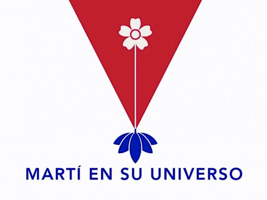 Triángulo rojo, flor azul y texto. 