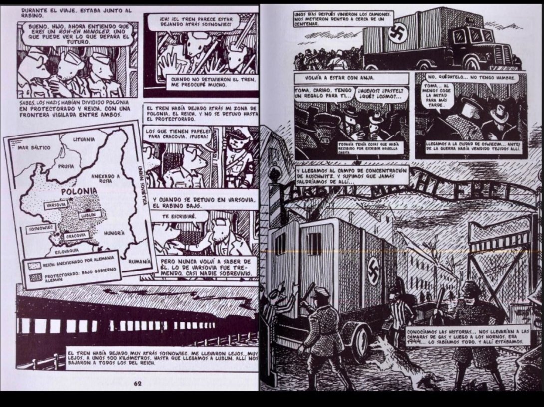 Páginas de la novela gráfica "Maus" del autor estadounidense Art Spiegelman. 