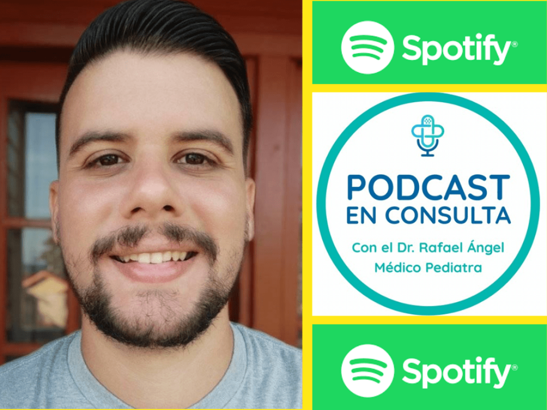 Retrato del médico cubano y logo de su pódcast en Spotify.