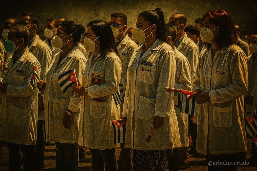 Médicos cubanos con banderas cubanas  en misión
