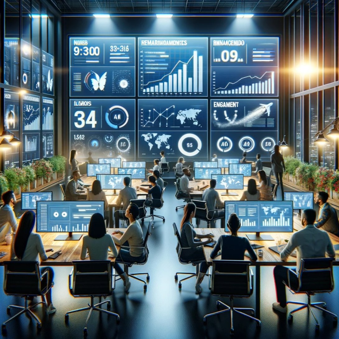 Pantallas con gráficos y métricas en una oficina de ejecutivos