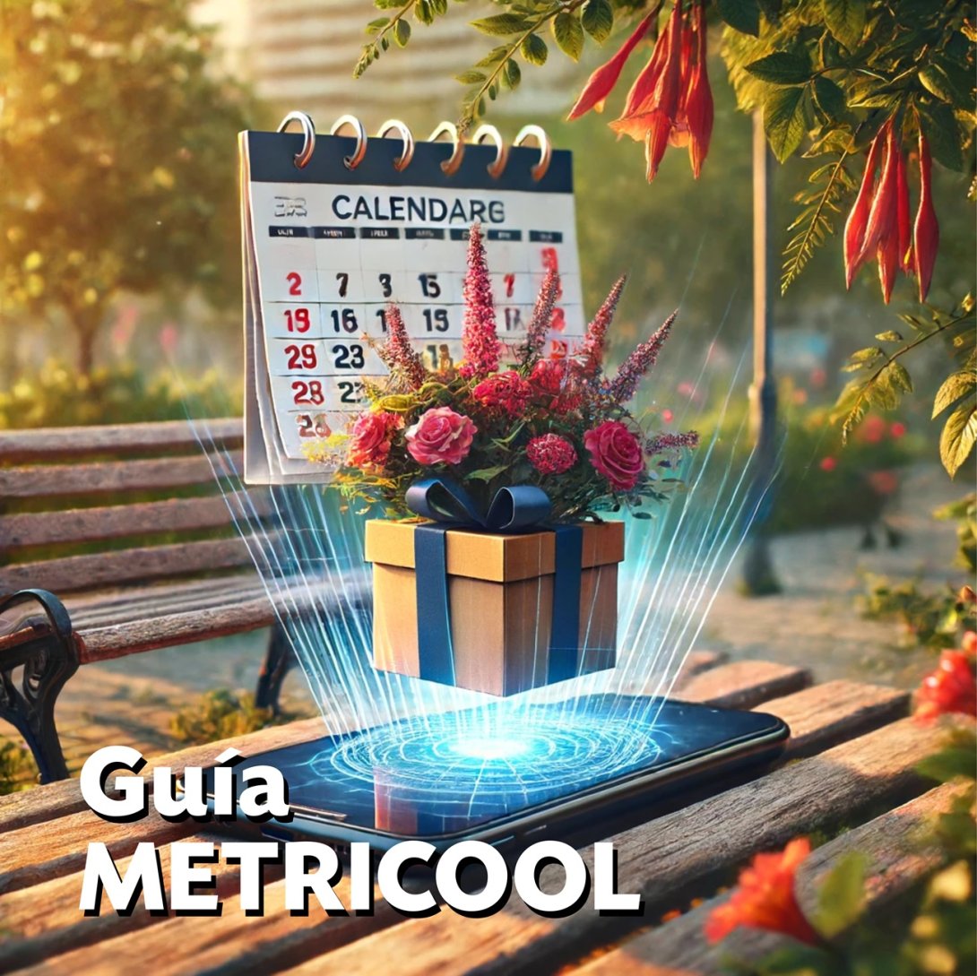 Metricool guía. Un teléfono iluminado del que sale una caja de regalos y un calendario.