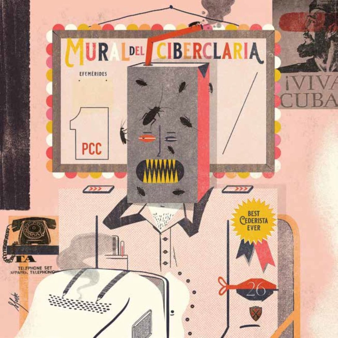 Cartel Ciberclaria (2021), de Miguel Monkc. Representa a un hombre con cabeza de caja infestada de cucarachas, aludiendo a la propaganda digital del régimen cubano.