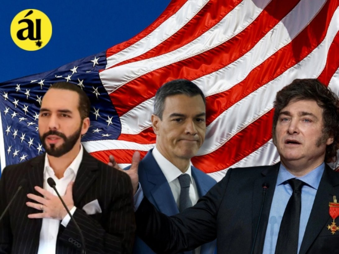 De izquierda a derecha: Nayib Bukele (presidente de El Salvador), Pedro Sánchez (presidente de España) y Javier Milei (presidente de Argentina).