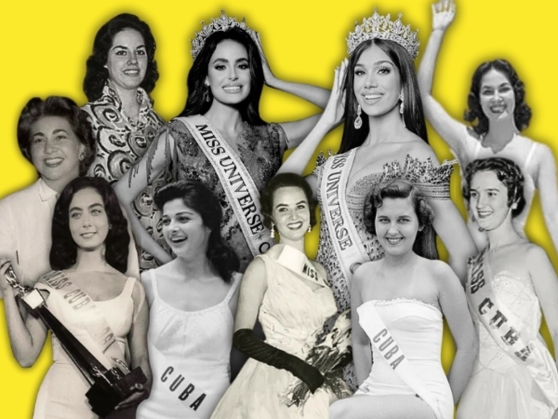Montaje con las representantes de Cuba en Miss Universo a lo largo de la historia sobre fondo amarillo (1952-2025)