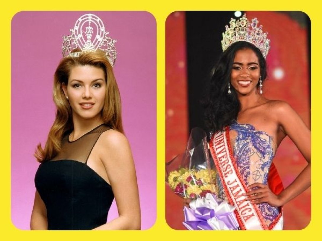 Dos mujeres coronadas posan sonrientes; la de la izquierda lleva vestido negro y corona plateada (Alicia Machado, Miss Universo, 1996), y la de la derecha luce un vestido azul con detalles rojos y una banda que dice "Miss Universe" Jamaica Iana Tickle Garcia).