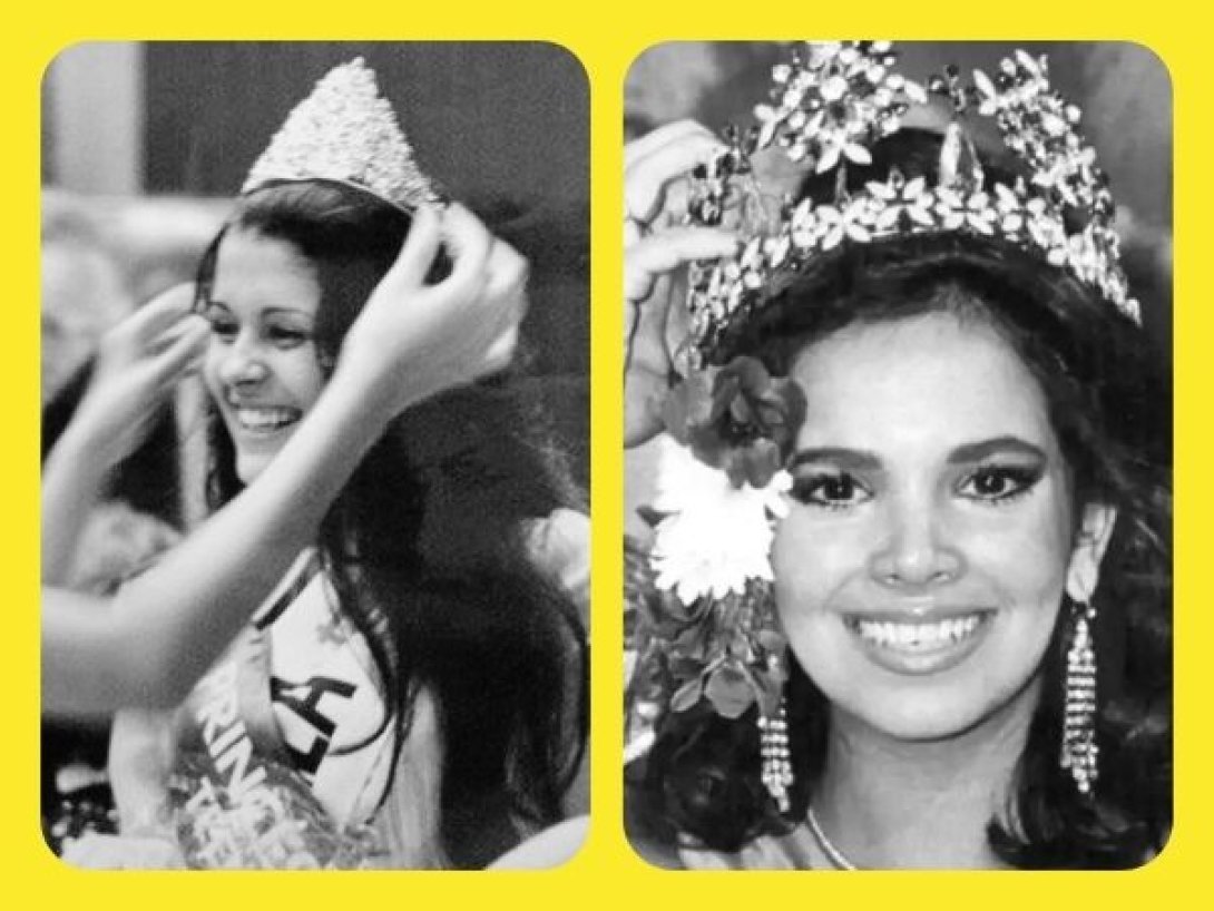 Retratos de María Conchita Alonso y Tatiana Capote con coronas de Miss Venezuela en los años setenta.