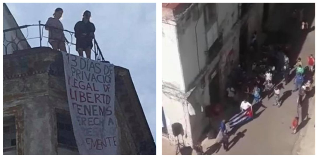 Cartel en la azotea de Khaterine Bisquet y Camila Lobón y acto de repudio.