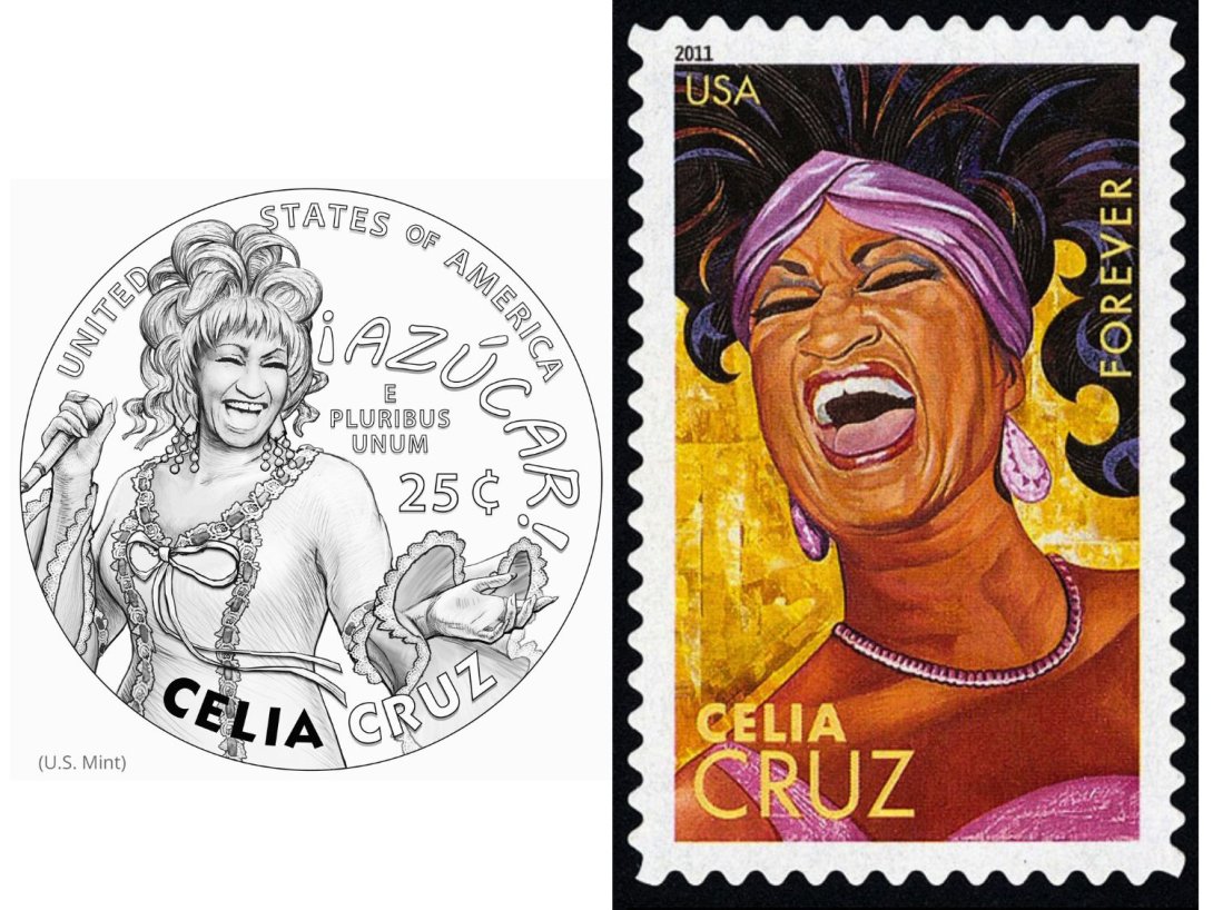 Sello (2011) y moneda (2024) conmemorativos de Celia Cruz.