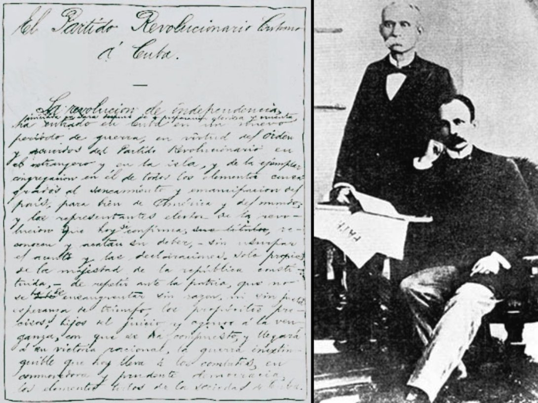 Primera página manuscrita del Manifiesto de Montecristi y Máximo Gómez y José Martí en 1895.