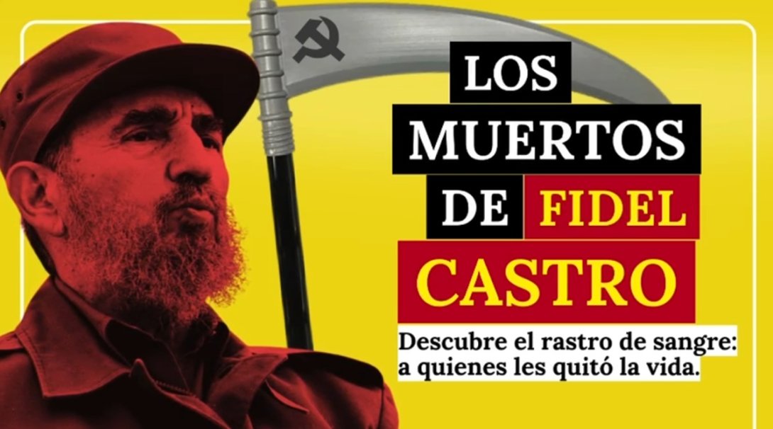 Portada de video Los muertos de Fidel Castro. Guadaña de la muerte con una hoz y un martillo.