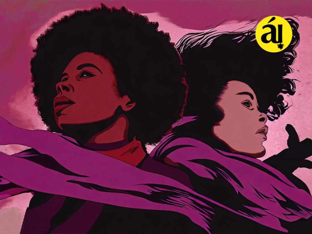 Dos mujeres (blanca y negra) con pañuelos morados