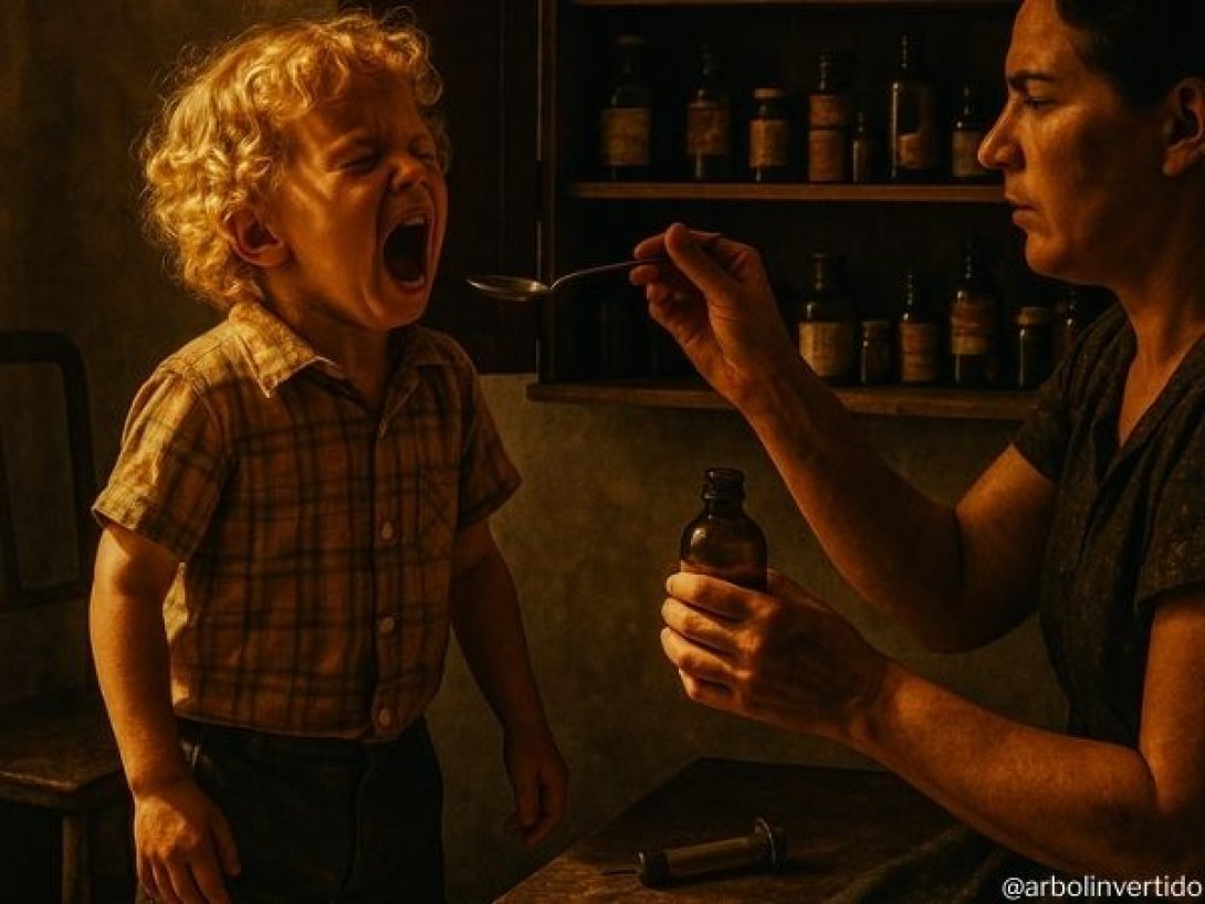 Imagen estilo pintura al óleo. Un niño rubio con tirabuzones dorados hace una rabieta mientras su madre intenta darle una cucharada de aceite de hígado de bacalao en una casa humilde cubana, con un botiquín de medicinas al fondo.