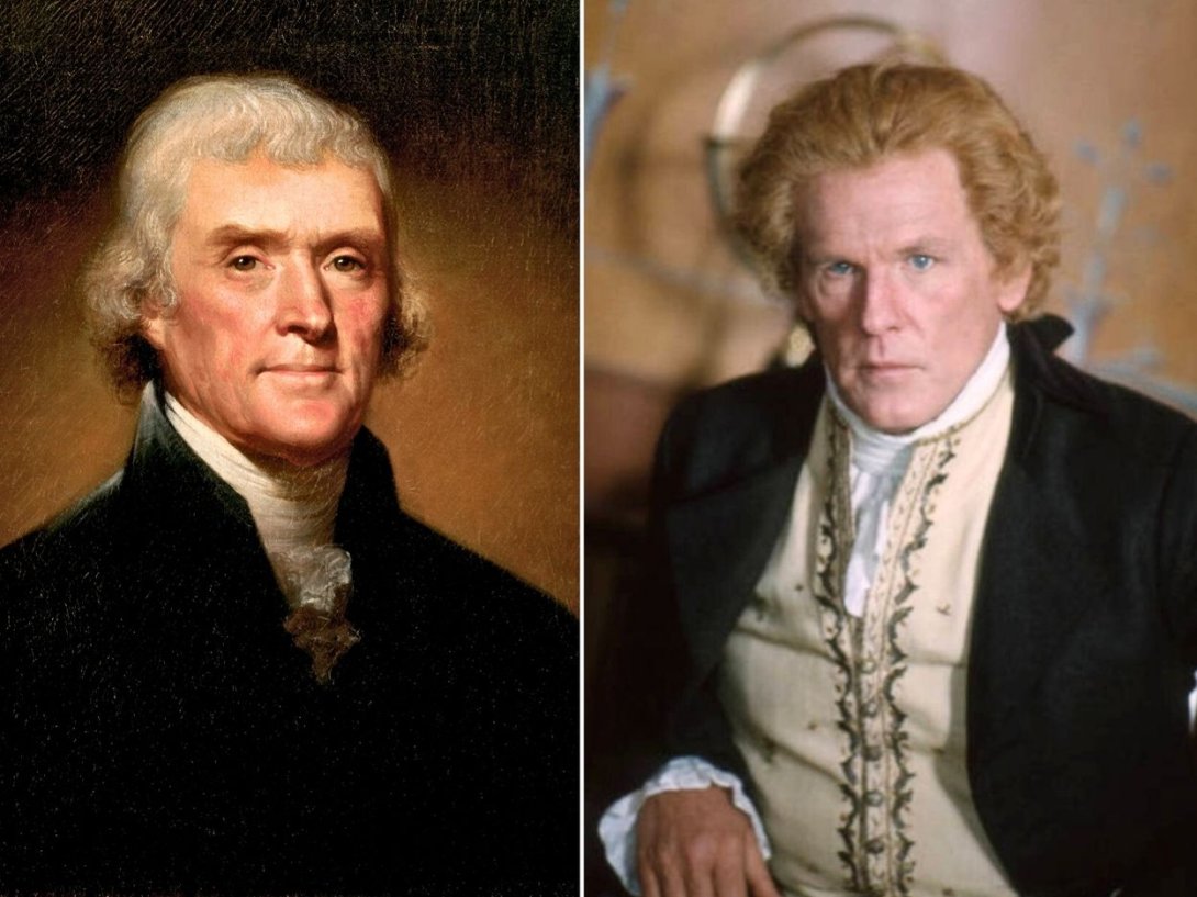 El presidente de los Estados Unidos Thomas Jefferson y el actor Nick Nolte que lo interpreta en la película "Jefferson en París" (1995) dirigida por James Ivory.