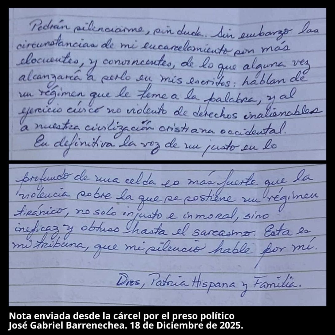 Nota enviada desde la cárcel por el preso político José Gabriel Barrenechea. 18 de diciembre de 2025.