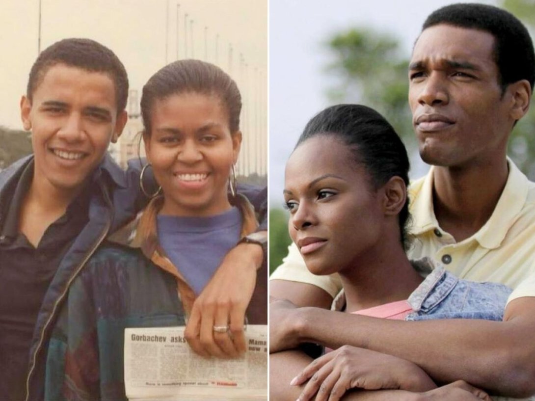 Los jóvenes Barack Obama y Michel Obama en 1992 y los actores Parker Sawyers y Tika Sumpter que los interpretan en la película "Southside with You" (2016) dirigida por Richard Tanne. 