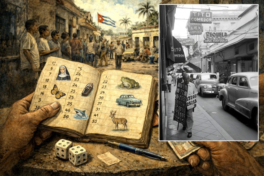 Imagen inspirada en el juego de la bolita y la charada cubana. Montaje con foto real de billetero de lotería en La Habana de los años 1950
