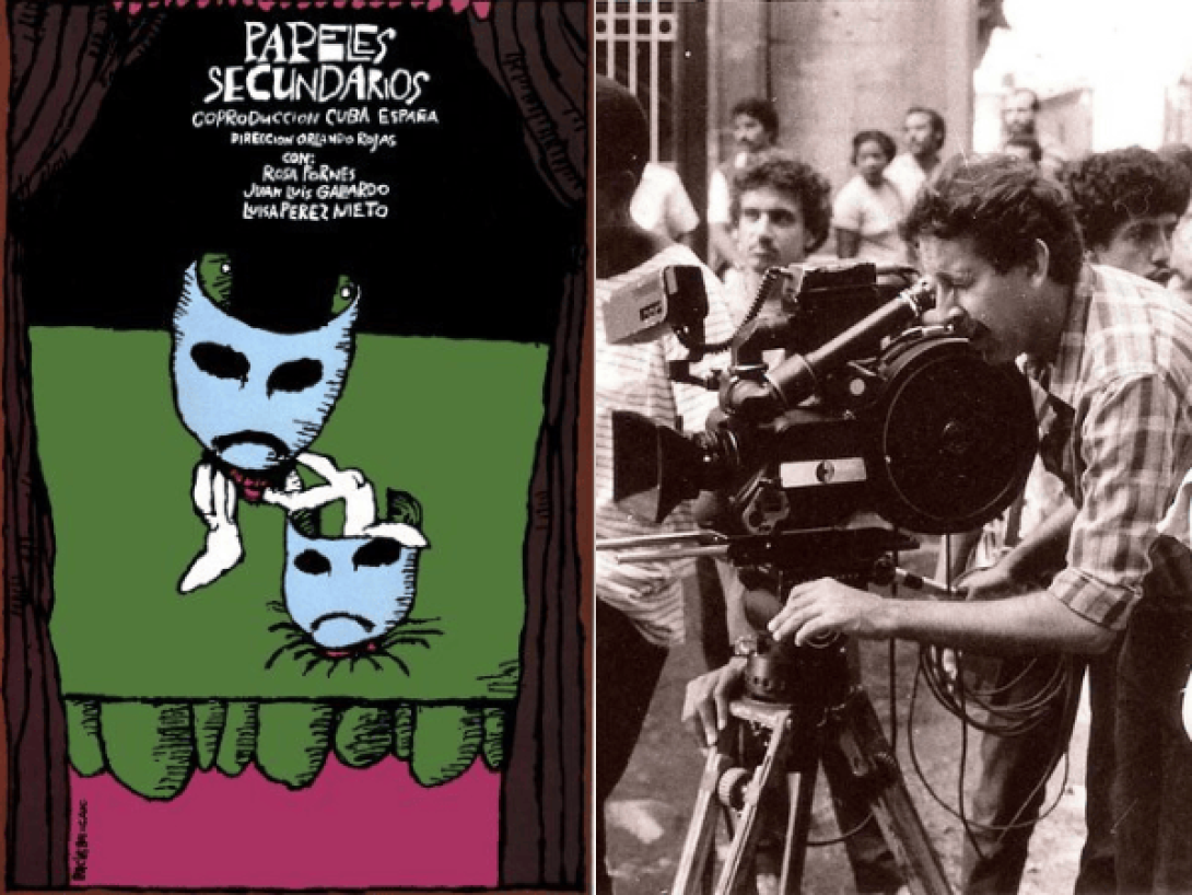 Cartel del filme "Papeles secundarios" (1989) y su director Orlando Rojas.