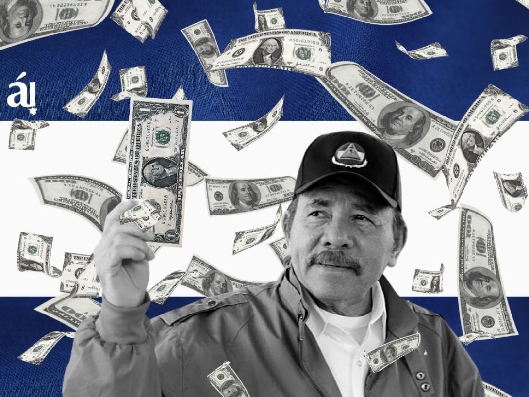 Daniel Ortega y billetes de dólares. 