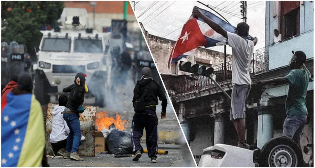 Protestas populares y represión policial en Cuba y Venezuela.