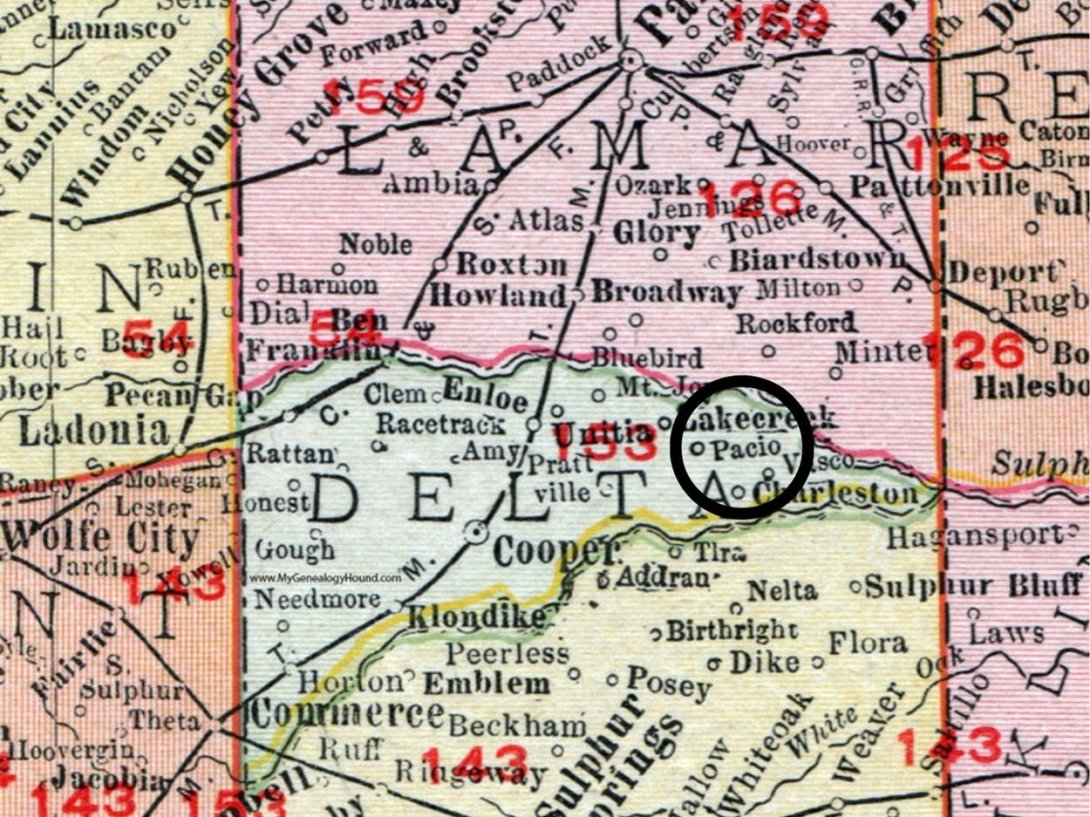 Mapa de 1911 del condado de Delta, Texas, Estados Unidos donde aparece la localidad de "Pacio", llamada "Cuba" en el siglo XIX.