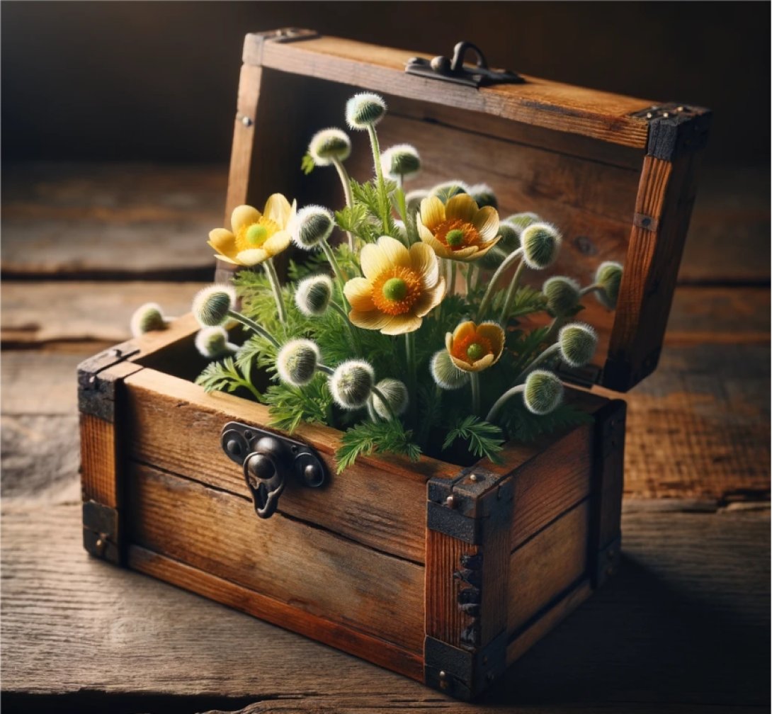 Caja de regalo abierta de donde salen flores silvestres amarillas