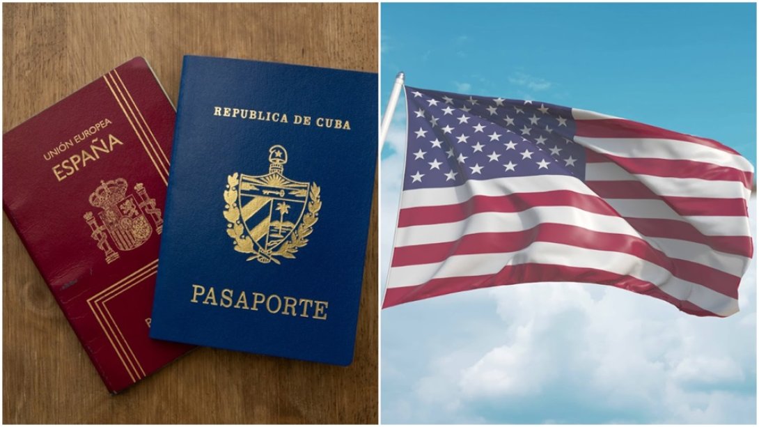Pasaportes de Cuba y de España y bandera de los Estados Unidos