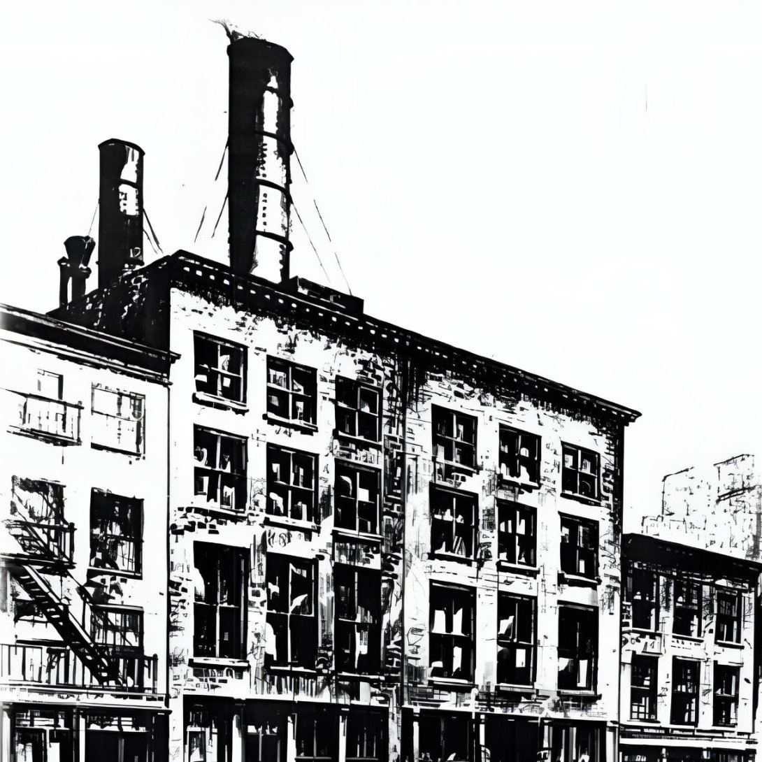 Central Eléctrica de Pearl Street, Manhatan, Nueva York (1882). Dibujo de la época.