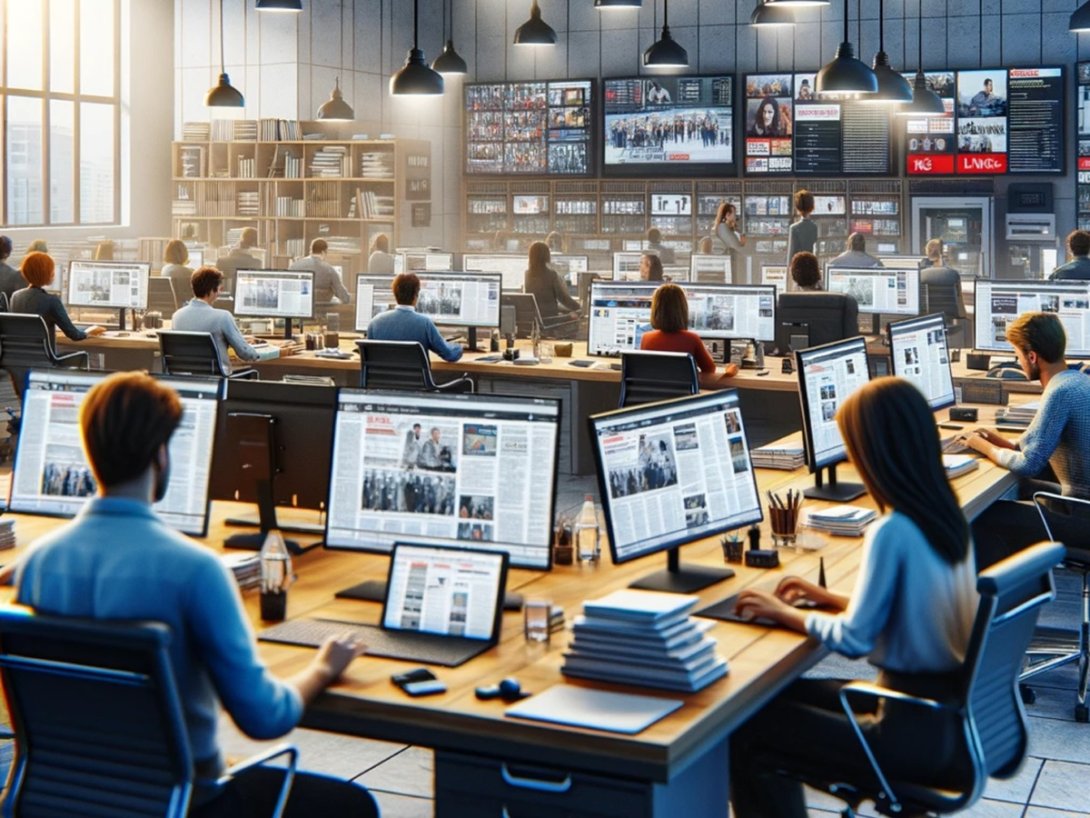 Redacción de periodismo digital. Oficina con computadoras y muchos periodistas