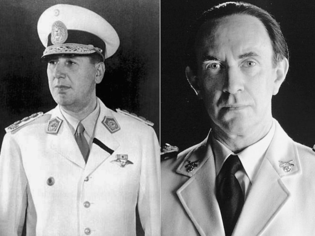 El dictador argentino Juan Domingo Perón y el actor británico Jonathan Pryce que lo interpreta en la película "Evita" (1996) dirigida por Alan Parker.