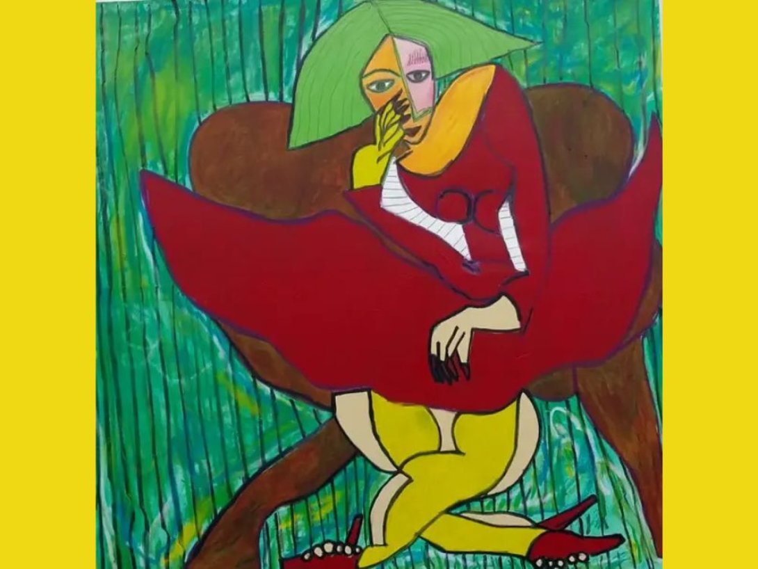 Representación de una figura femenina luciendo un vestido rojo.