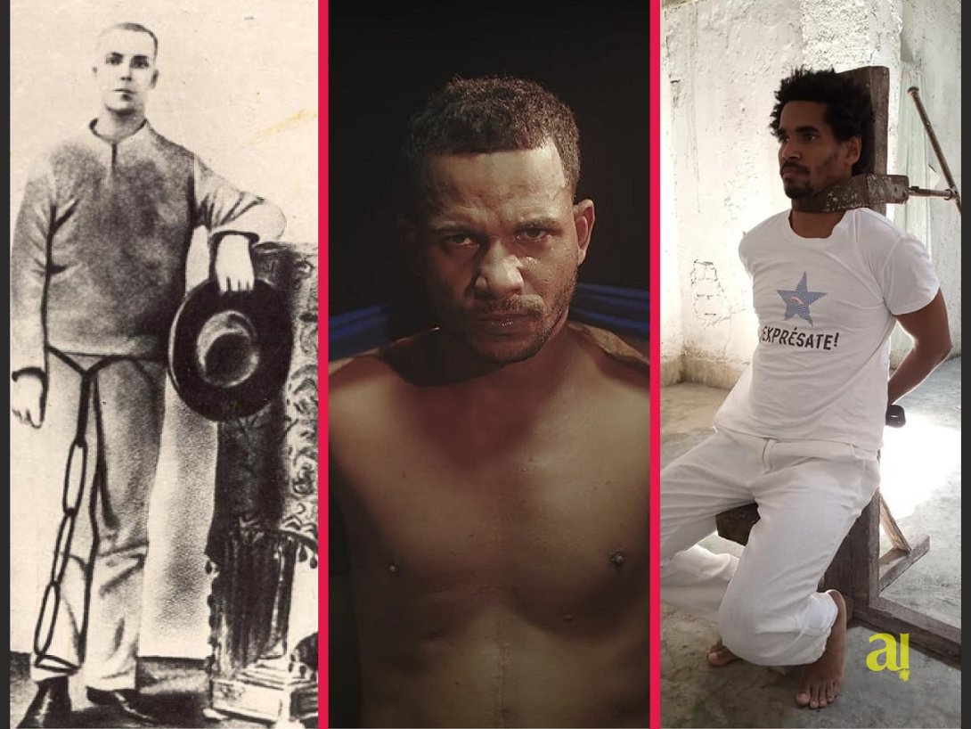 El joven José Martí en el presidio, el rapero Maykel Osorbo y el artista Otero Alcántara (MSI) en su performance "Garrote vil".