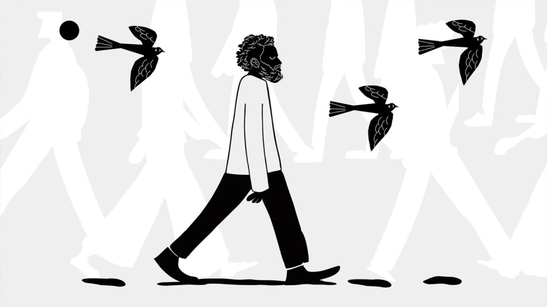 caricatura de un hombre negro caminando junto a tres aves que vuelan