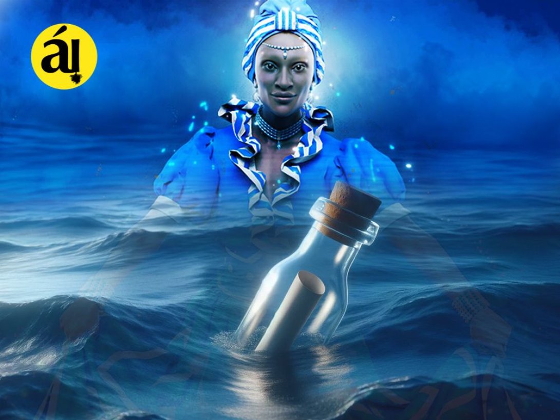 Representación de Yemayá frente a una botella con mensaje