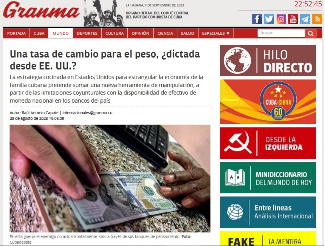 Portada del artículo de Granma que afirma que la tasa cambiaria es dictada desde EE.UU